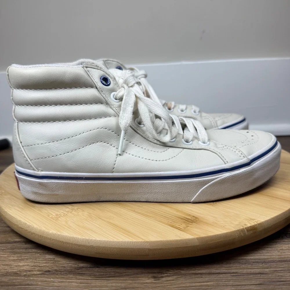 Vans Sk8-Hi Sneakers Women 7 Men 5.5 Off-White Leather High Top Blue Trim Skater